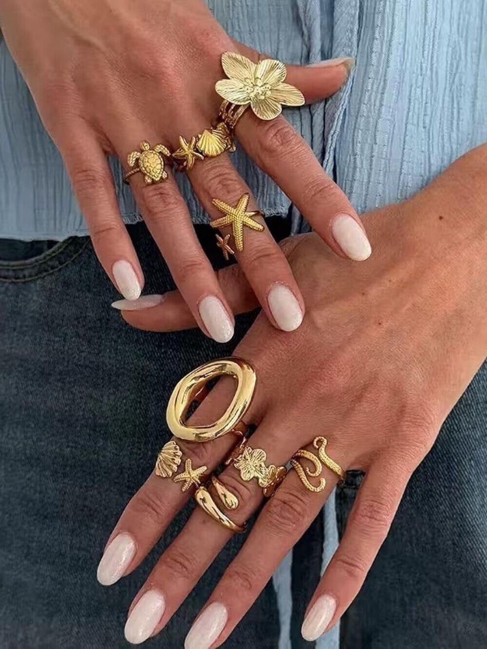Gold Chunky Rings Flower Shell Starfish Ring Set Boho Stackable Adjustable - Picture 4 of 4